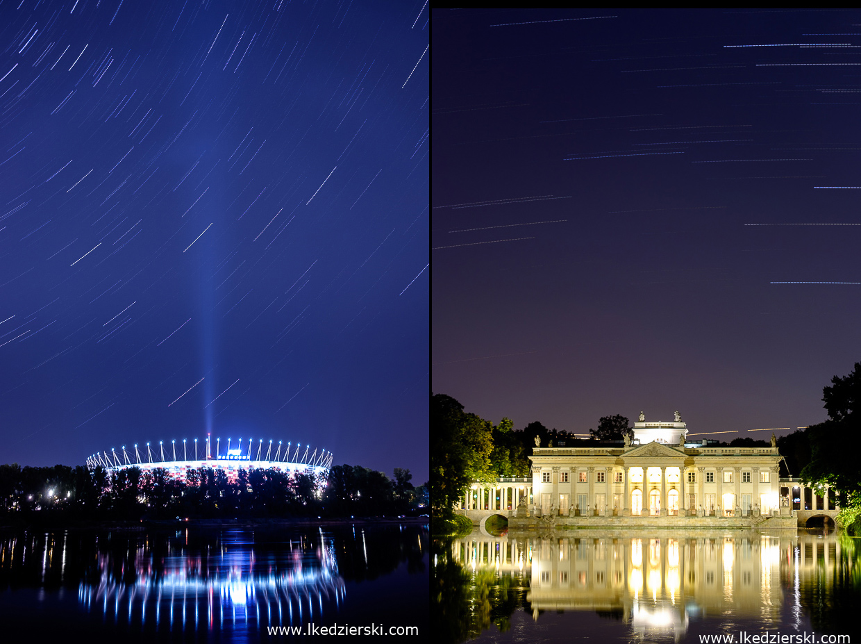 Warszawa. Startrails - PGE Narodowy oraz Łazienki Królewskie - Pałac na wodzie.