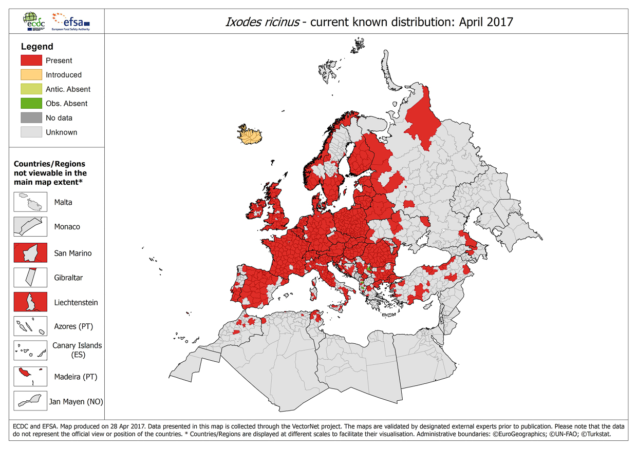 kleszcze Ixodes ricinus April 2017 ticks map ECDC